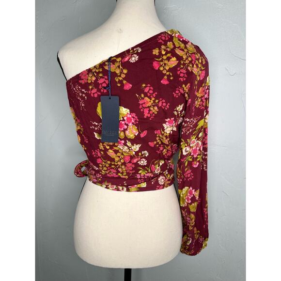 Rachel Roy Burgundy Floral Cropped One Shoulder Women’s Top - Picture 2 of 8